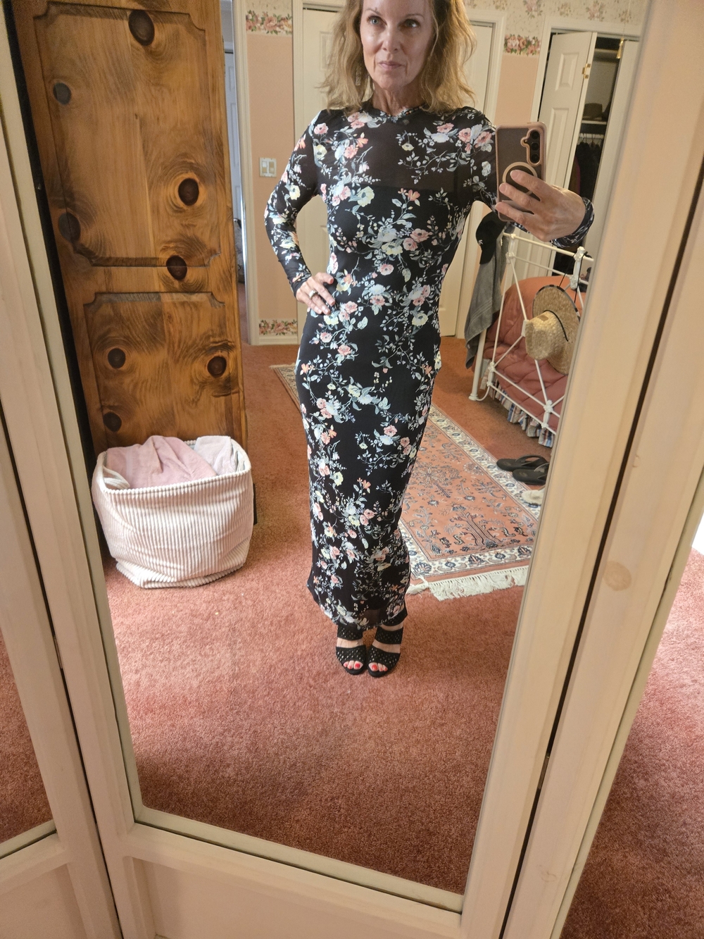 AFRM Black Floral Long-Sleeve Midi Dress with Pink and Cream Flowers